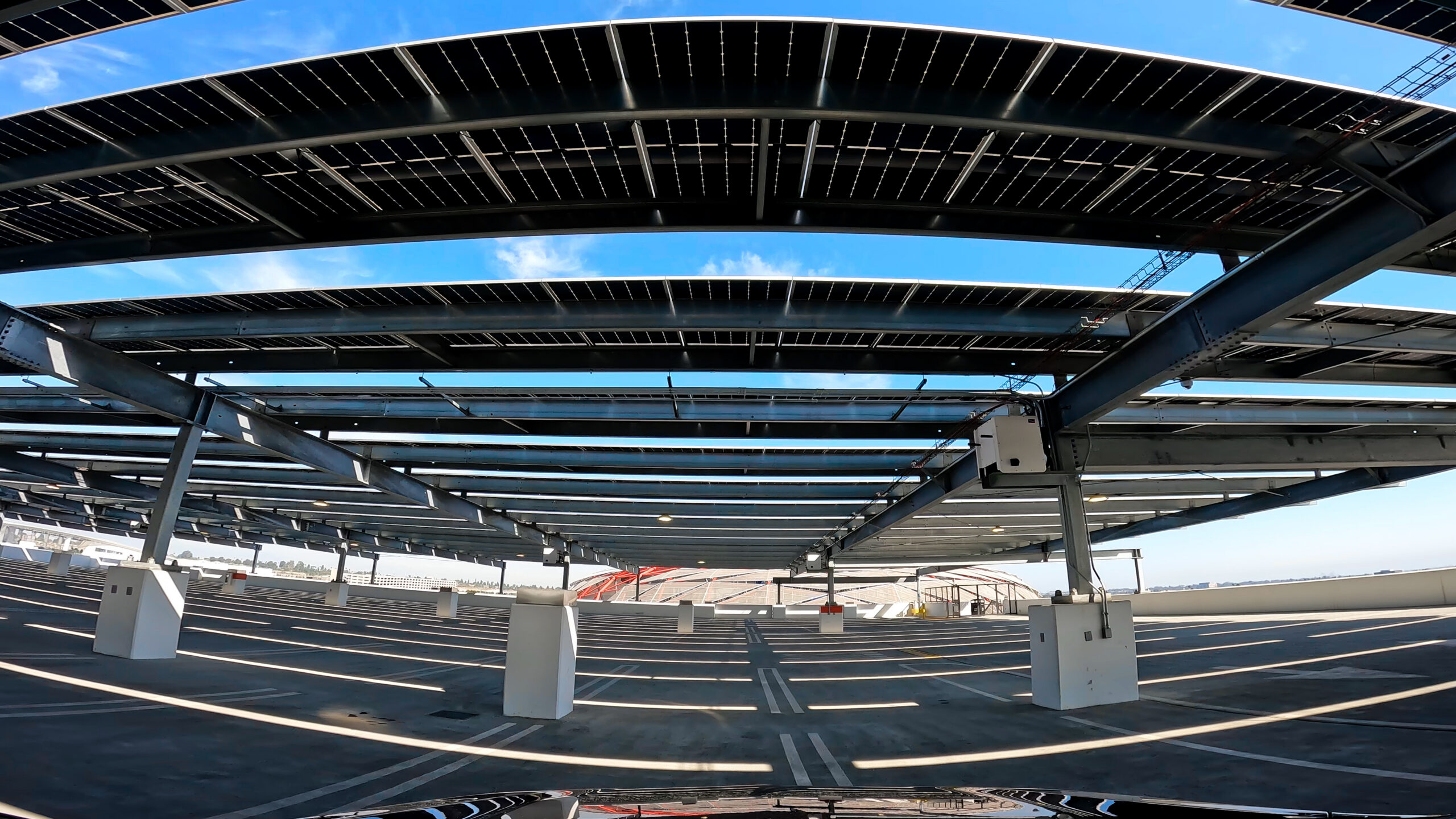 View from the Intuit Dome garage up at the solar powered canopy structure.