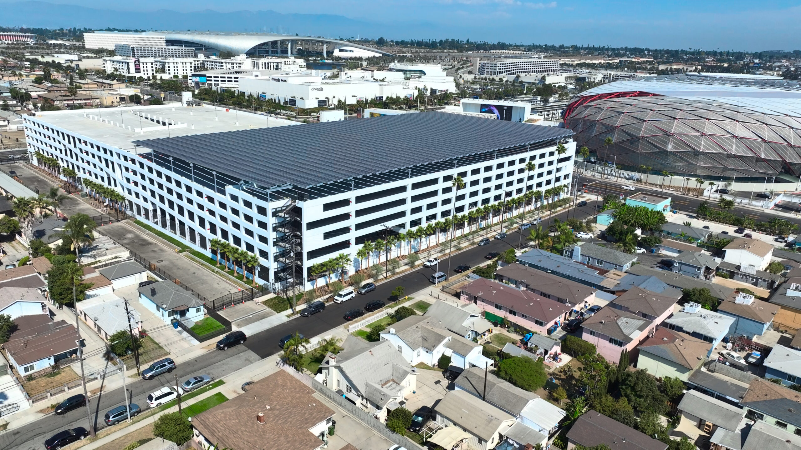 Intuit dome and the garage-top canopy structure close up.