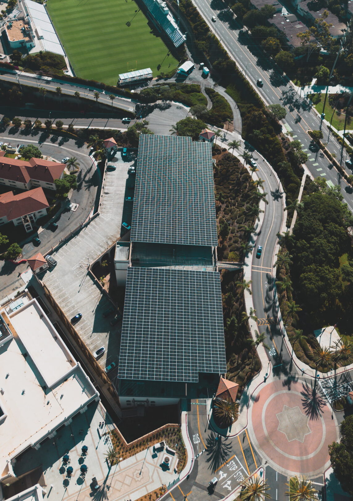 Aerial view of large-scale garage top solar panels