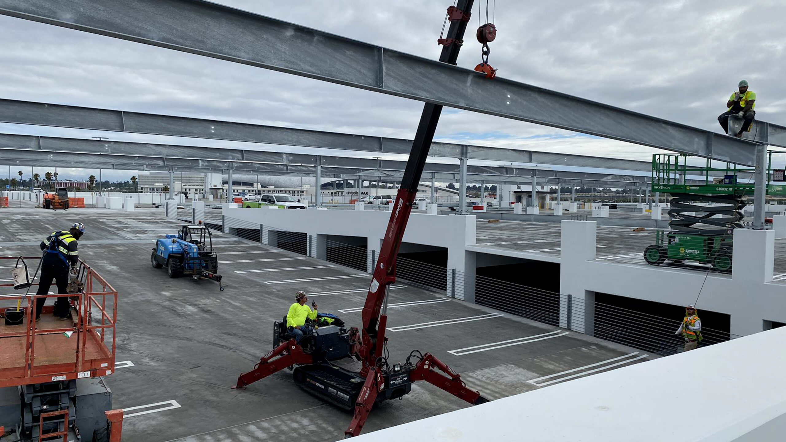 Construction of the garage-top canopy structure at Intuit.